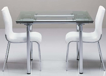 Tavolo da pranzo Asso Tanja allungabile, struttura in metallo, piano in cristallo, con allunghe laterali.